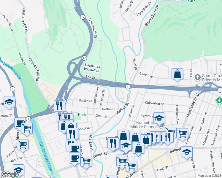 map of restaurants, bars, coffee shops, grocery stores, and more near 304 Brookside Avenue in Santa Cruz