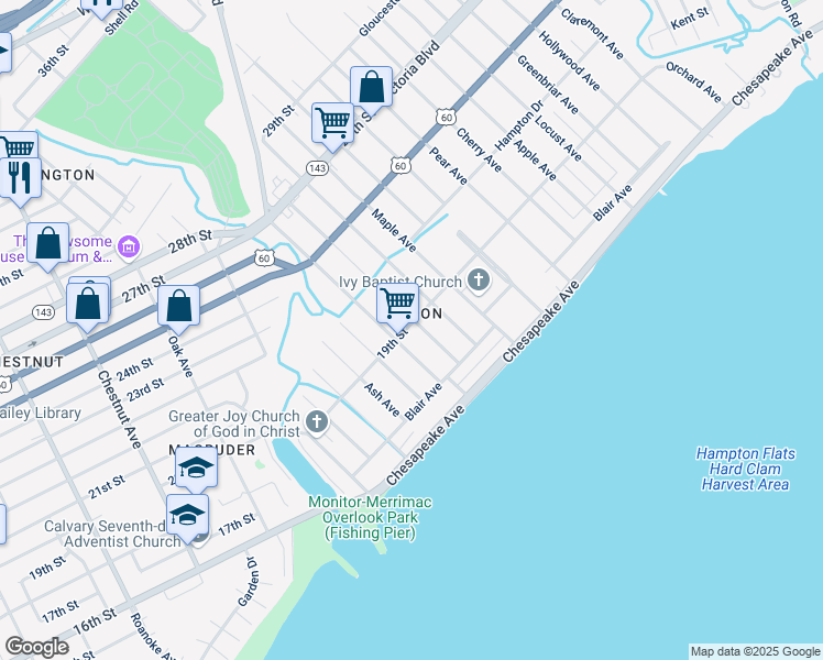 map of restaurants, bars, coffee shops, grocery stores, and more near 68 Sycamore Avenue in Newport News