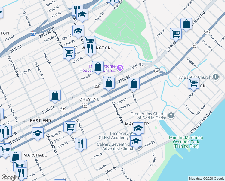 map of restaurants, bars, coffee shops, grocery stores, and more near 1231 26th Street in Newport News