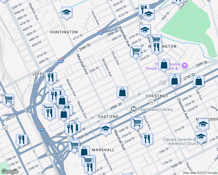 map of restaurants, bars, coffee shops, grocery stores, and more near 857 31st Street in Newport News