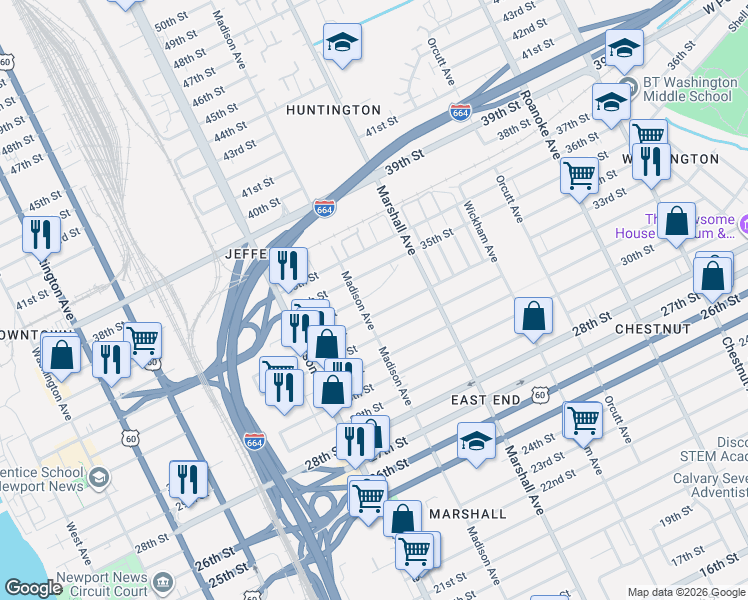 map of restaurants, bars, coffee shops, grocery stores, and more near 3400 Madison Avenue in Newport News