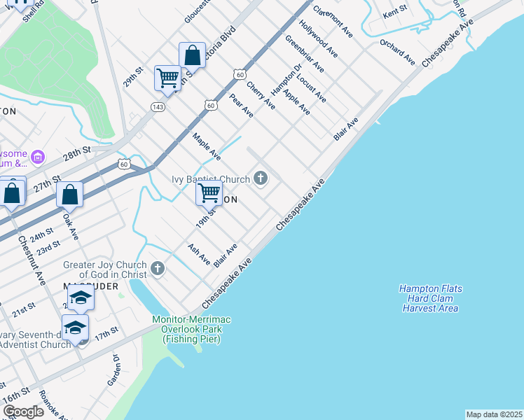 map of restaurants, bars, coffee shops, grocery stores, and more near 44 Poplar Avenue in Newport News