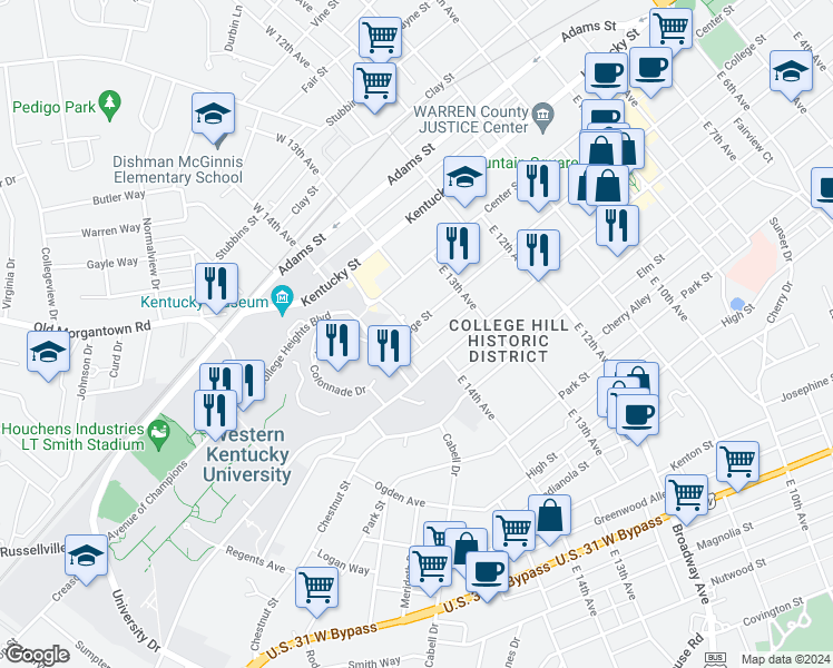 map of restaurants, bars, coffee shops, grocery stores, and more near 1366 College Street in Bowling Green