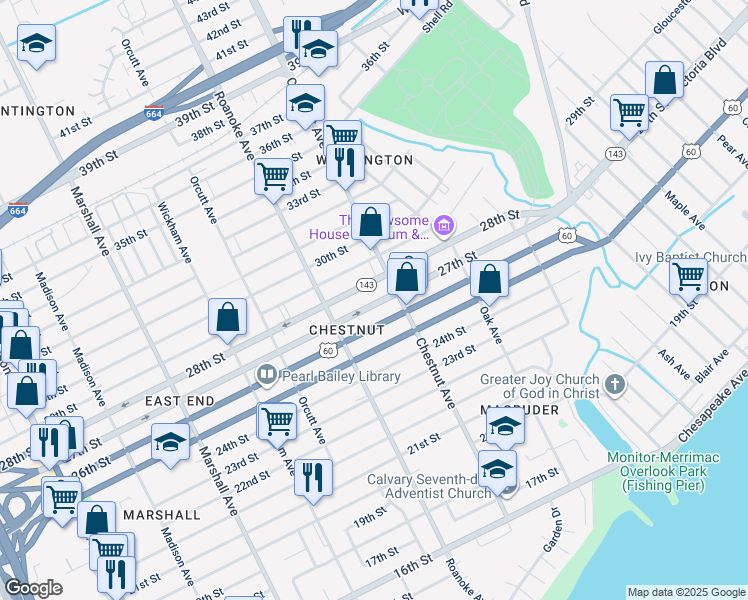map of restaurants, bars, coffee shops, grocery stores, and more near 1145 27th Street in Newport News