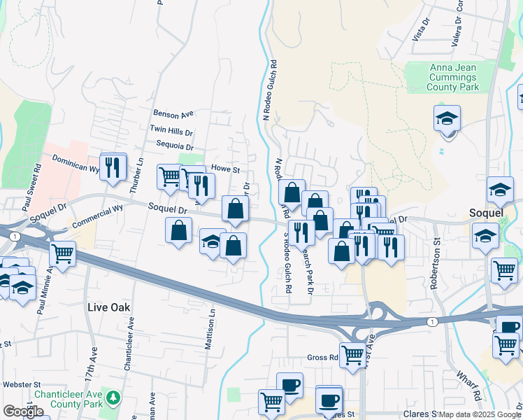 map of restaurants, bars, coffee shops, grocery stores, and more near 3050 Dover Drive in Santa Cruz