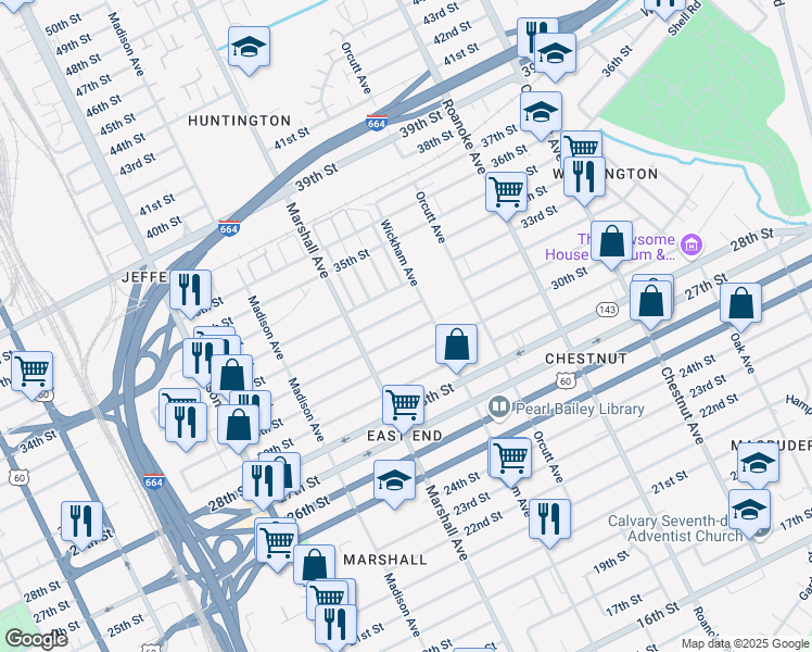 map of restaurants, bars, coffee shops, grocery stores, and more near 857 31st Street in Newport News