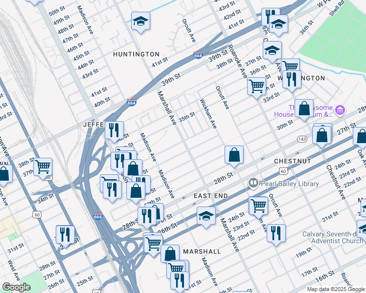map of restaurants, bars, coffee shops, grocery stores, and more near 3209 Marshall Avenue in Newport News
