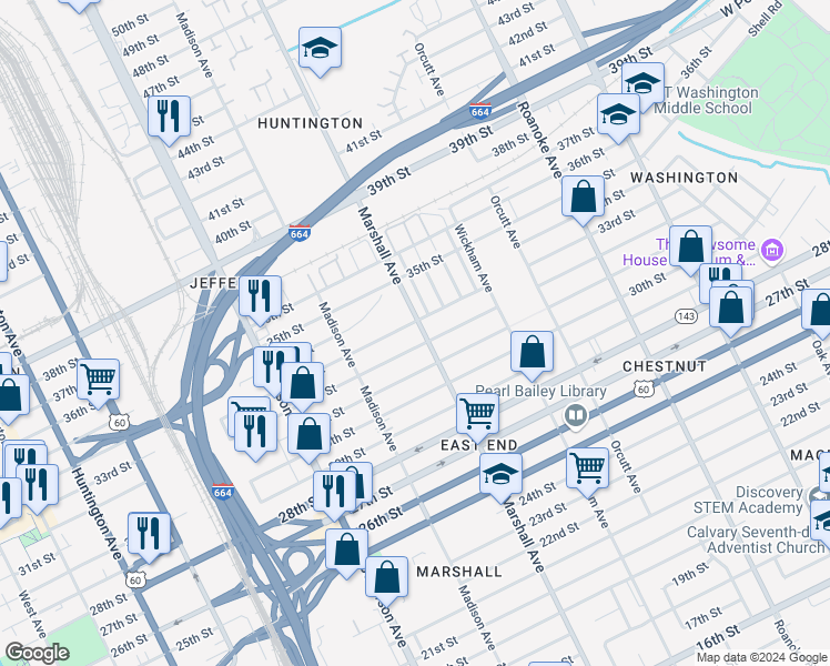 map of restaurants, bars, coffee shops, grocery stores, and more near 3209 Marshall Avenue in Newport News