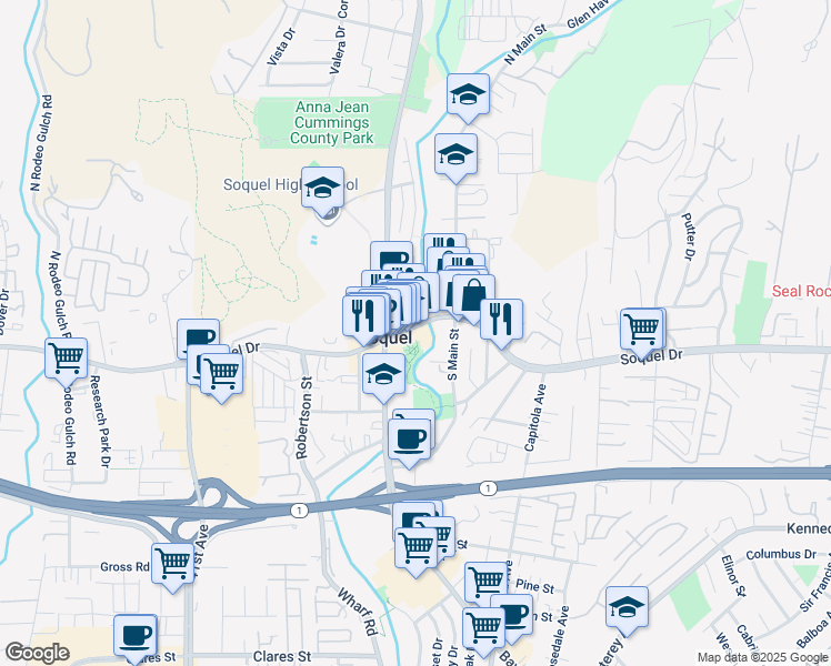 map of restaurants, bars, coffee shops, grocery stores, and more near in Soquel
