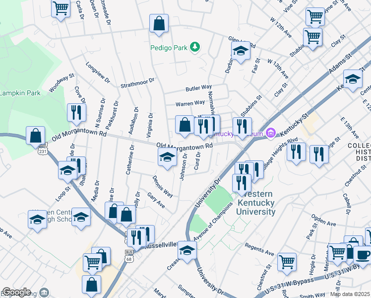 map of restaurants, bars, coffee shops, grocery stores, and more near 503 Old Morgantown Road in Bowling Green