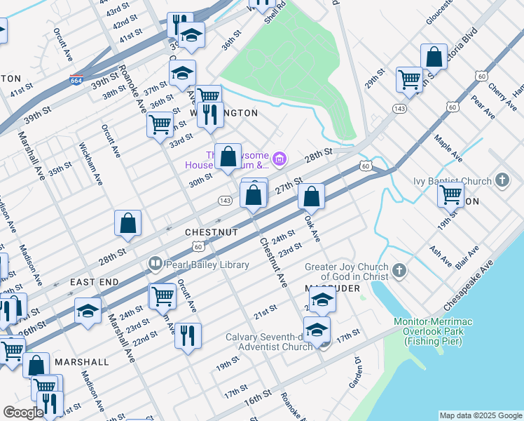 map of restaurants, bars, coffee shops, grocery stores, and more near 1215 26th Street in Newport News