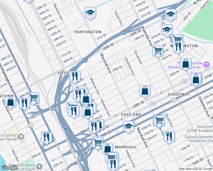 map of restaurants, bars, coffee shops, grocery stores, and more near 735 33rd Street in Newport News