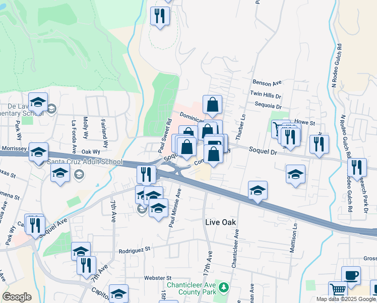 map of restaurants, bars, coffee shops, grocery stores, and more near 2850 Commercial Crossing in Santa Cruz
