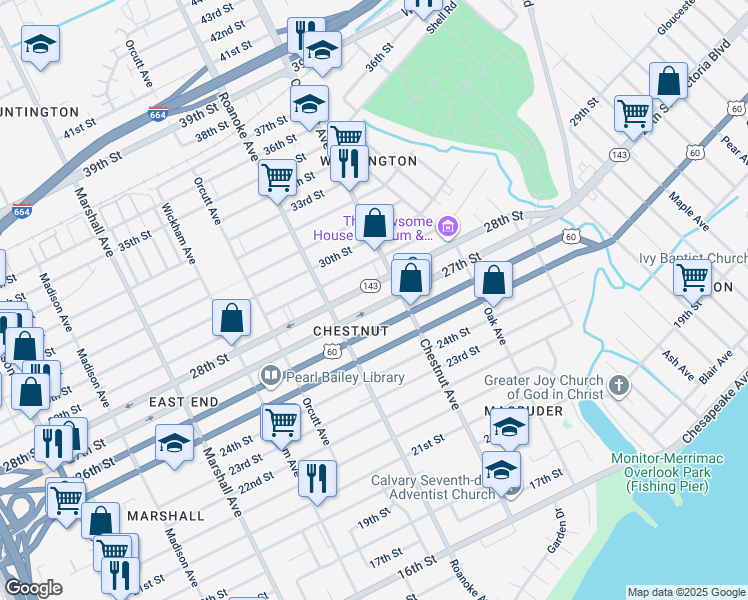 map of restaurants, bars, coffee shops, grocery stores, and more near 1141 27th Street in Newport News