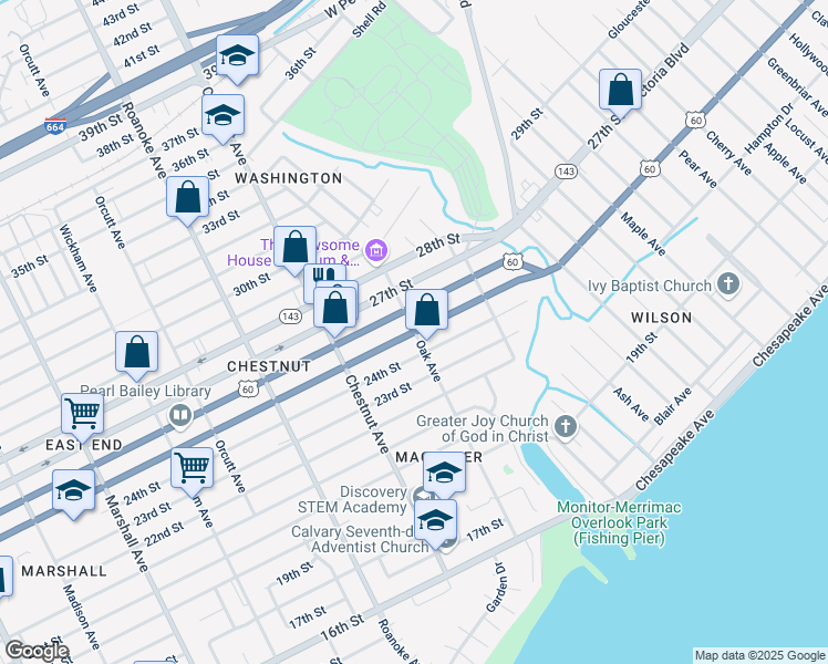 map of restaurants, bars, coffee shops, grocery stores, and more near 1301 Martin L. King. Jr.Way in Newport News