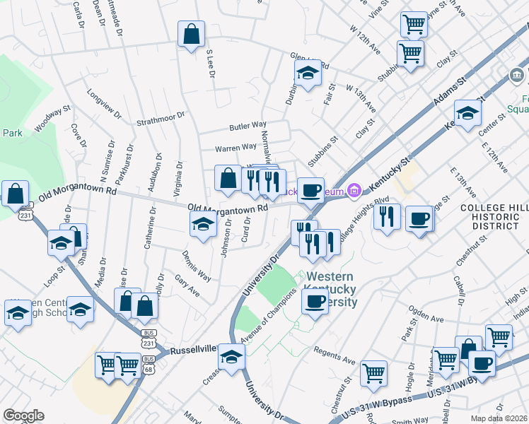 map of restaurants, bars, coffee shops, grocery stores, and more near 305 Old Morgantown Road in Bowling Green