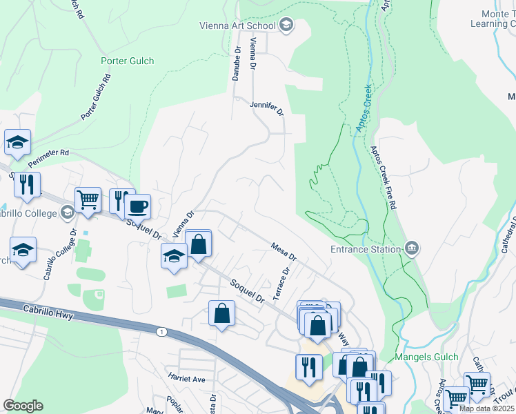 map of restaurants, bars, coffee shops, grocery stores, and more near 7221 Viewpoint Road in Aptos