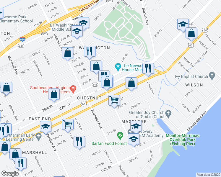 map of restaurants, bars, coffee shops, grocery stores, and more near 1215 26th Street in Newport News