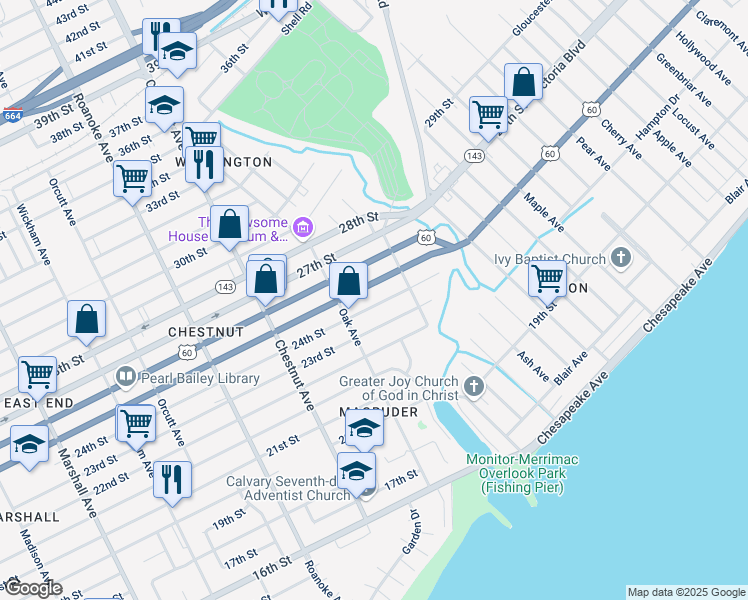 map of restaurants, bars, coffee shops, grocery stores, and more near 1322 25th Street in Newport News