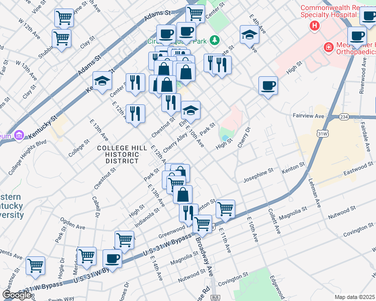 map of restaurants, bars, coffee shops, grocery stores, and more near 1036 Park Street in Bowling Green