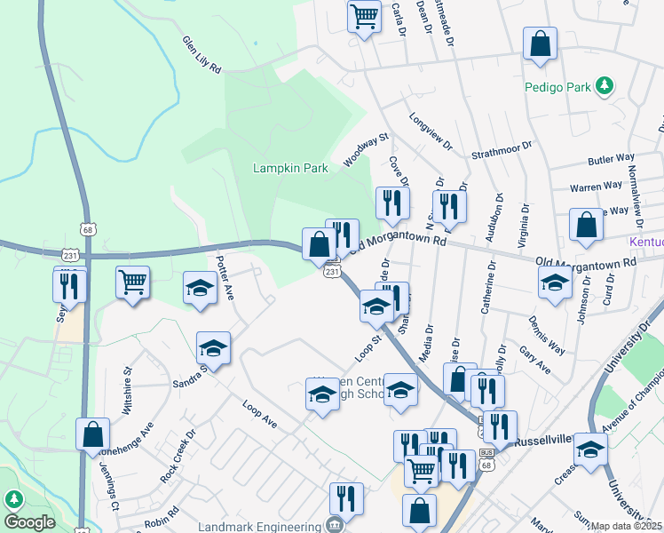 map of restaurants, bars, coffee shops, grocery stores, and more near Morgantown Rd & Old Morgantown Rd in Bowling Green