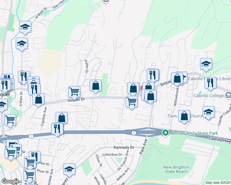 map of restaurants, bars, coffee shops, grocery stores, and more near 3020 Baronian Court in Soquel