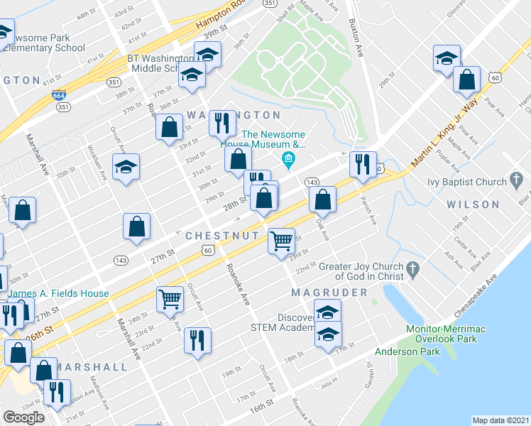 map of restaurants, bars, coffee shops, grocery stores, and more near 2610 Chestnut Avenue in Newport News