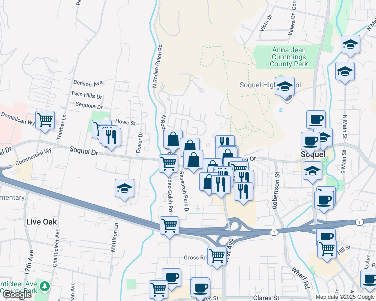 map of restaurants, bars, coffee shops, grocery stores, and more near 3074 Carriker Lane in Soquel