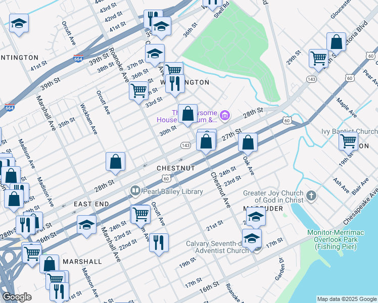 map of restaurants, bars, coffee shops, grocery stores, and more near 1145 27th Street in Newport News