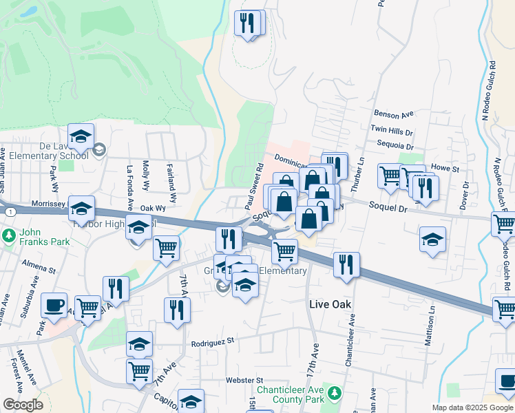 map of restaurants, bars, coffee shops, grocery stores, and more near 1505 Soquel Drive in Santa Cruz