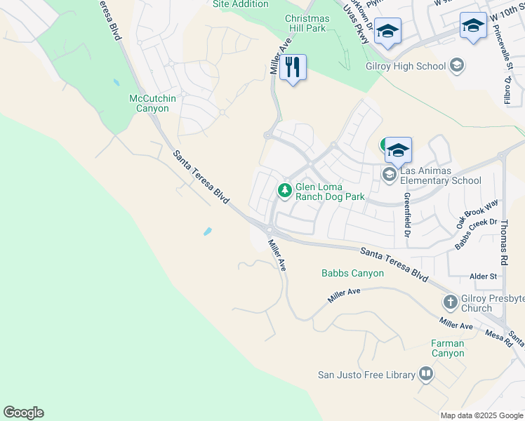 map of restaurants, bars, coffee shops, grocery stores, and more near 6376 Paysar Lane in Gilroy