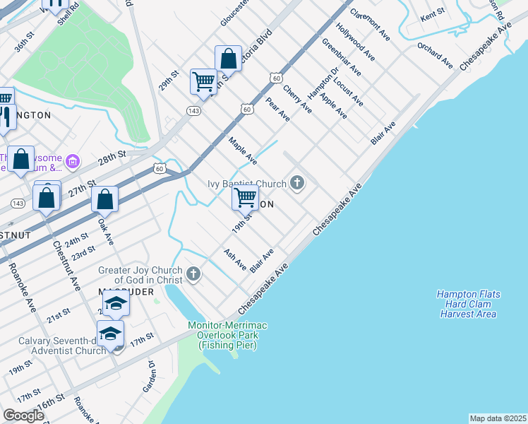 map of restaurants, bars, coffee shops, grocery stores, and more near 68 Sycamore Avenue in Newport News