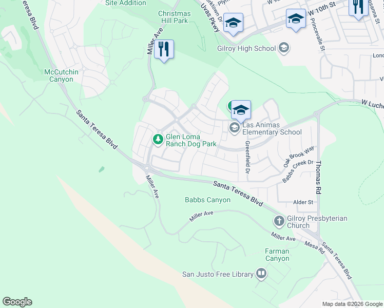 map of restaurants, bars, coffee shops, grocery stores, and more near 6411 Tannat Lane in Gilroy