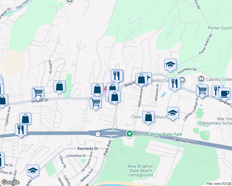 map of restaurants, bars, coffee shops, grocery stores, and more near 2959 Park Avenue in Soquel