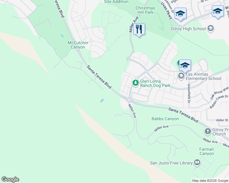 map of restaurants, bars, coffee shops, grocery stores, and more near 6422 Santa Teresa Boulevard in Gilroy