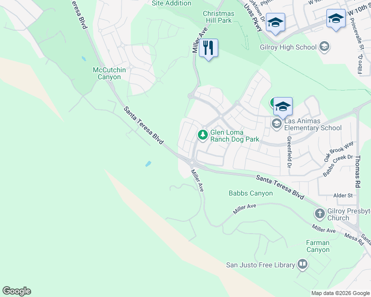 map of restaurants, bars, coffee shops, grocery stores, and more near 6422 Santa Teresa Boulevard in Gilroy