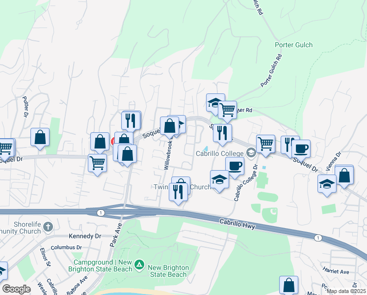 map of restaurants, bars, coffee shops, grocery stores, and more near 3031 Arlington Drive in Aptos