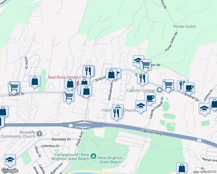 map of restaurants, bars, coffee shops, grocery stores, and more near 6172 Sheraton Place in Aptos
