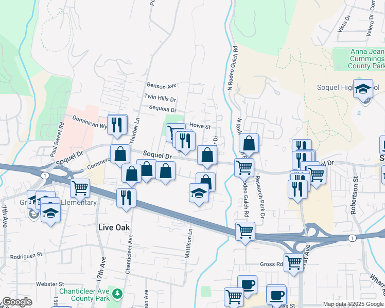map of restaurants, bars, coffee shops, grocery stores, and more near 2557 Soquel Drive in Santa Cruz