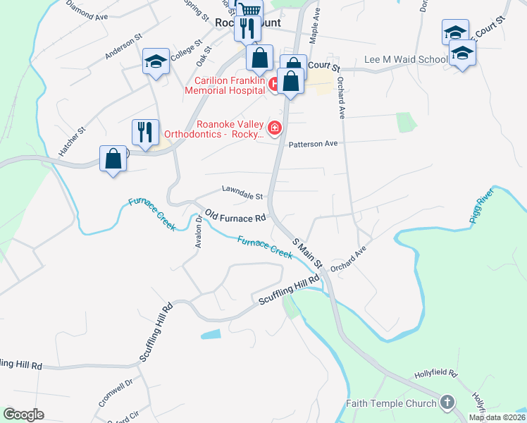 map of restaurants, bars, coffee shops, grocery stores, and more near 10 Old Furnace Road in Rocky Mount