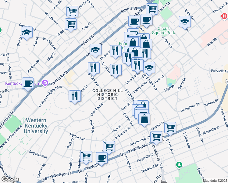 map of restaurants, bars, coffee shops, grocery stores, and more near 1241 Chestnut Street in Bowling Green