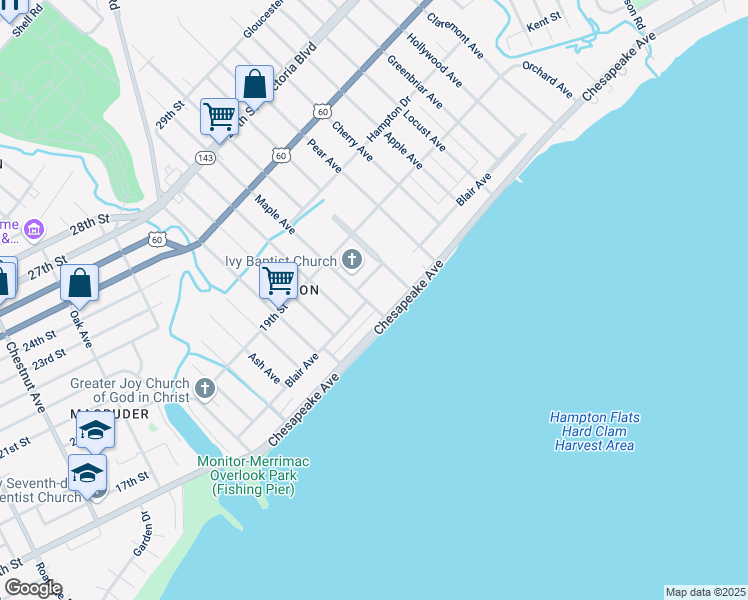 map of restaurants, bars, coffee shops, grocery stores, and more near 18 Maple Avenue in Newport News