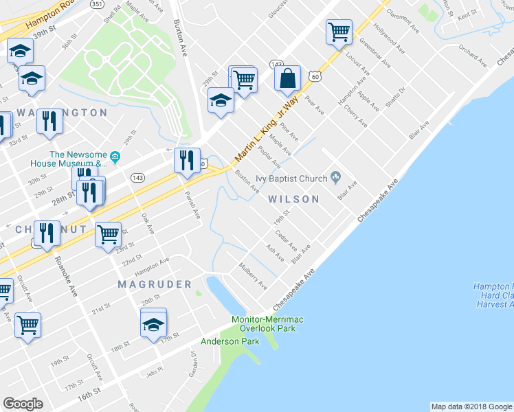 map of restaurants, bars, coffee shops, grocery stores, and more near 134 Cedar Avenue in Newport News
