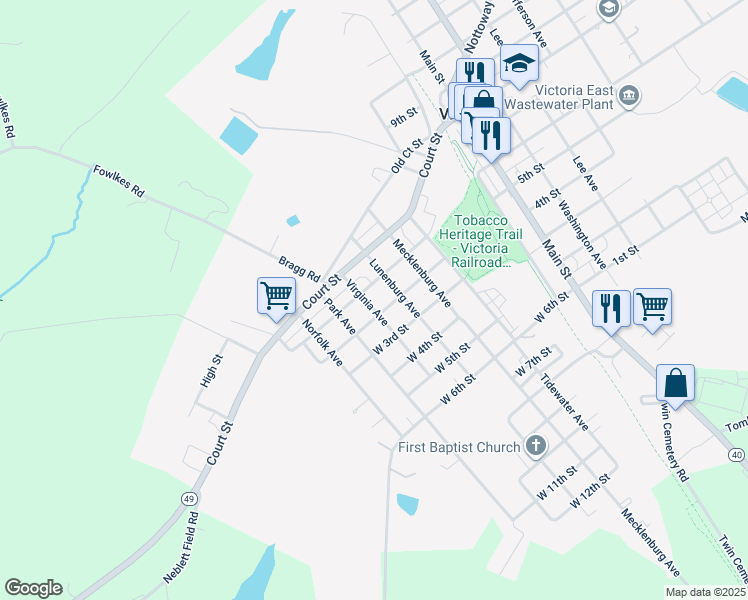 map of restaurants, bars, coffee shops, grocery stores, and more near 1604 Virginia Avenue in Victoria