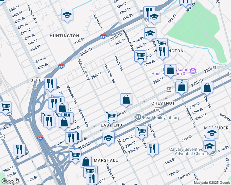 map of restaurants, bars, coffee shops, grocery stores, and more near 857 31st Street in Newport News