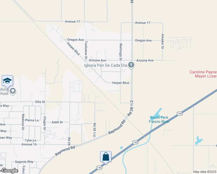 map of restaurants, bars, coffee shops, grocery stores, and more near 16398 Harper Boulevard in Madera