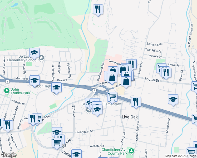 map of restaurants, bars, coffee shops, grocery stores, and more near 3101 Paul Sweet Road in Santa Cruz