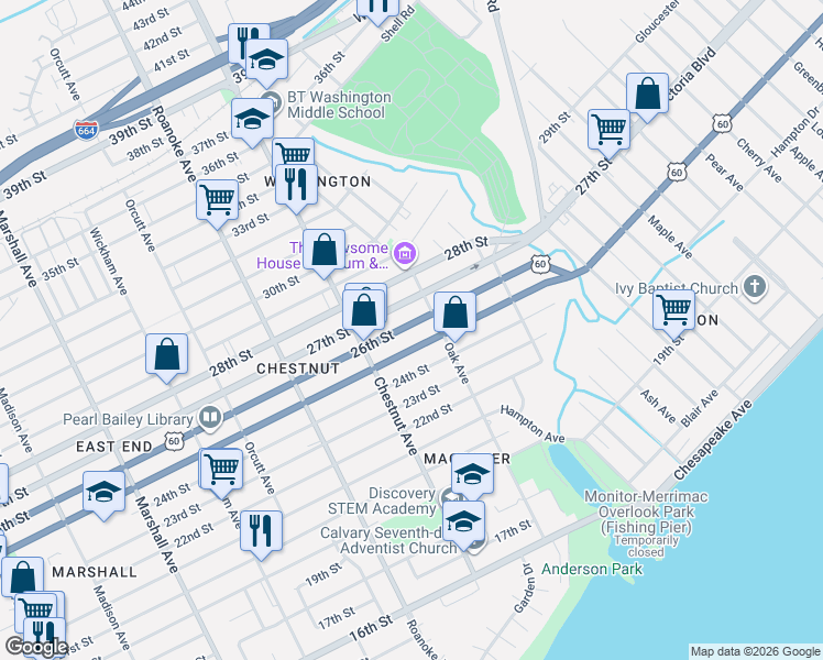 map of restaurants, bars, coffee shops, grocery stores, and more near 1231 26th Street in Newport News