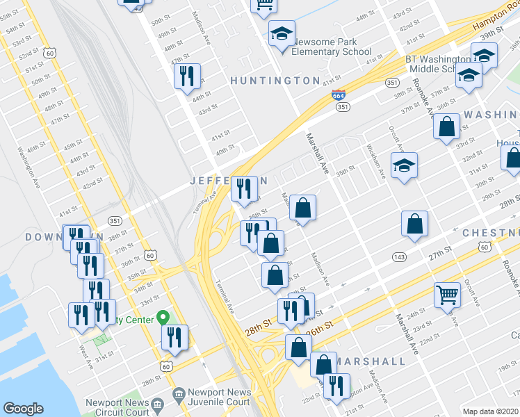 map of restaurants, bars, coffee shops, grocery stores, and more near 637 35th Street in Newport News