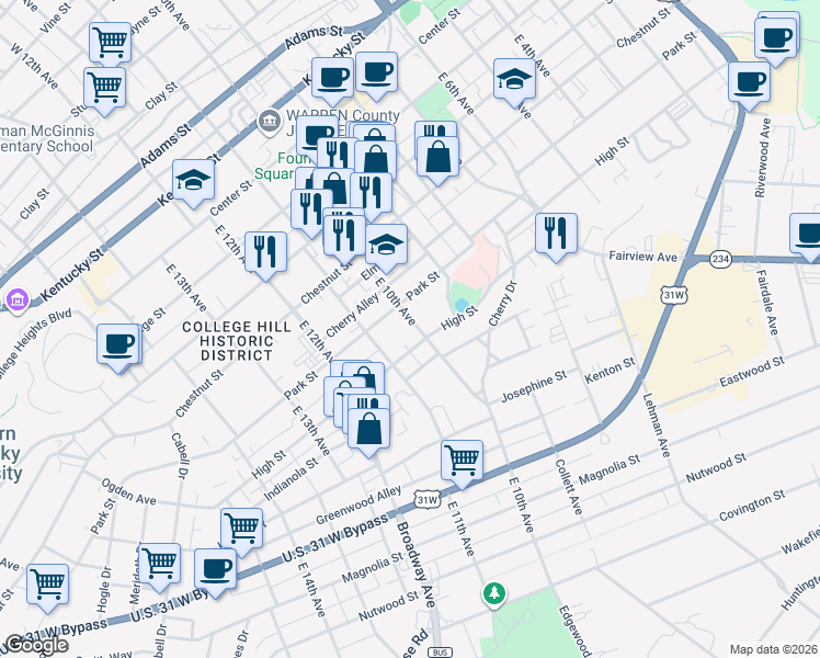 map of restaurants, bars, coffee shops, grocery stores, and more near 725 East 10th Avenue in Bowling Green